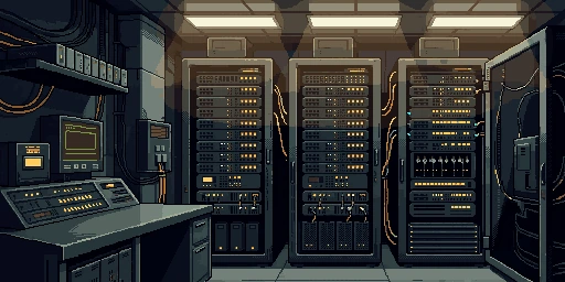Pixel-art server room with three network racks and an operations console