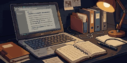 Pixel-art writing desk with a laptop, paper notebook, local folders, pen, and warm lamp